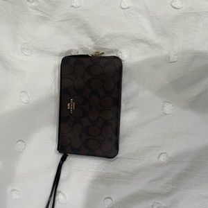 Coach Double Corner Zip Wristlet In Signature Canvas,  brown/black, Fairly new